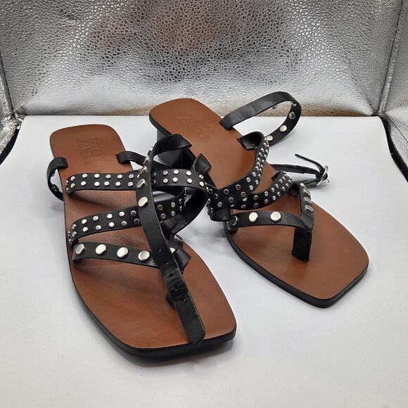 ZARA Black Studded Leather Gladiator Sandals - Women's Size 9 - Picture 1 of 6